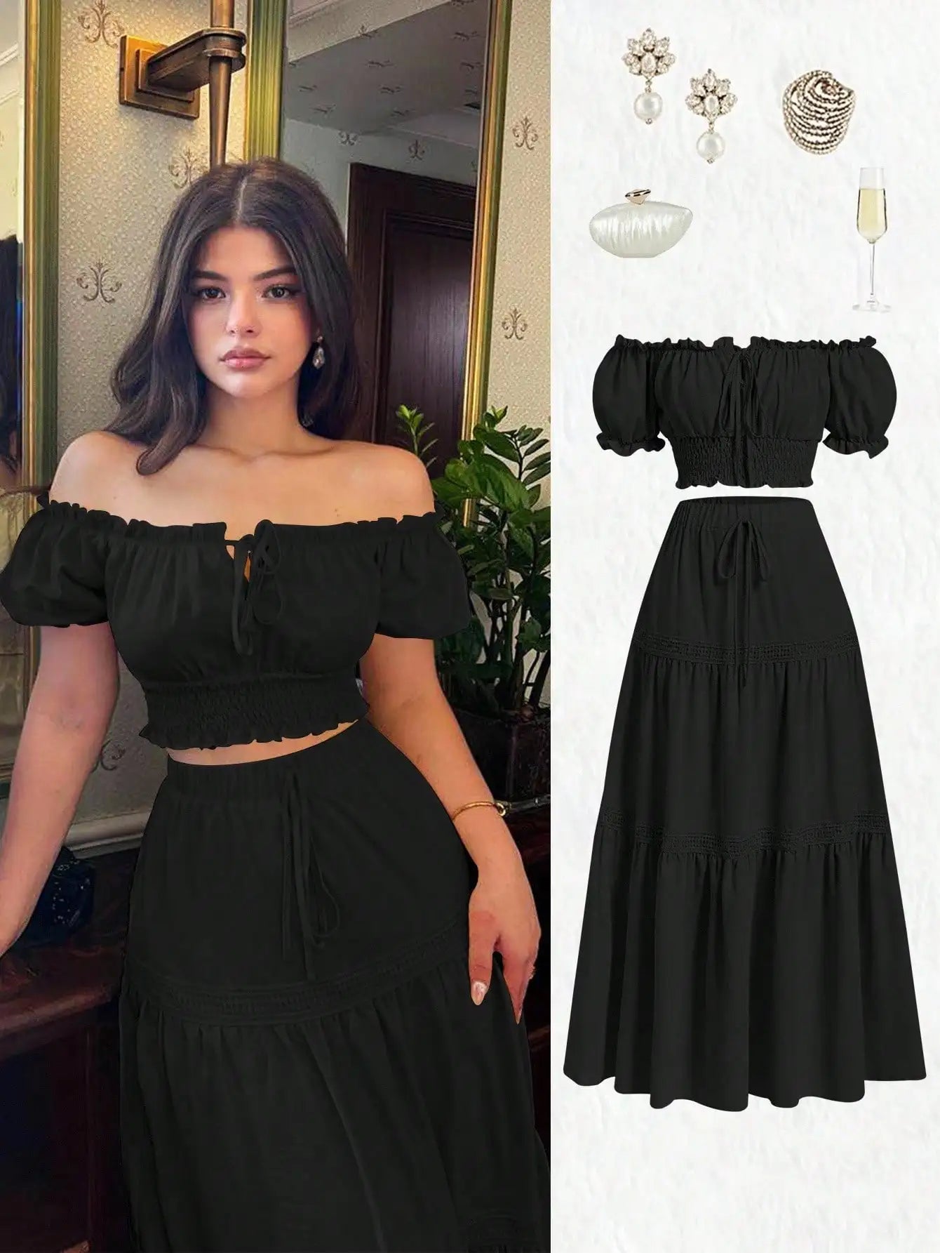Yellow Off-Shoulder Puff Sleeve Crop Top & Tiered Skirt Set