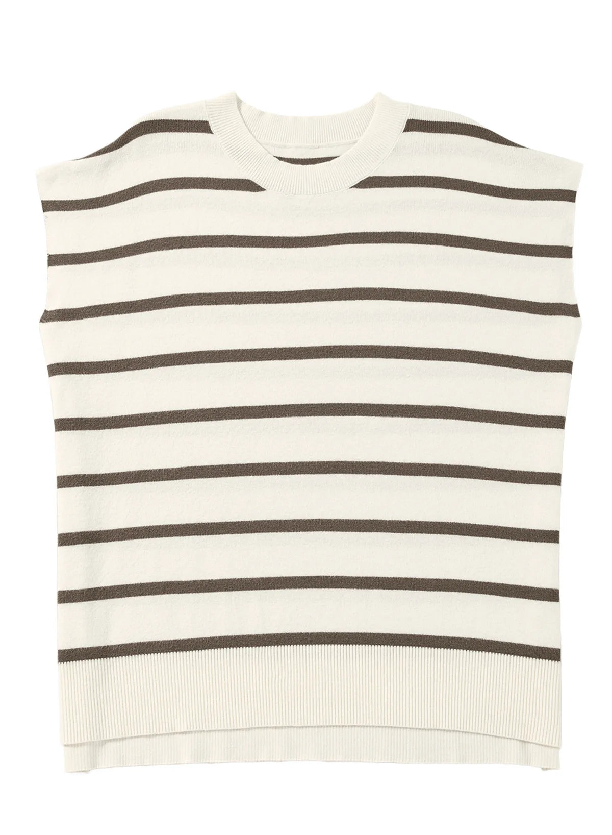 Summer New Women's Fashion Striped Side Split Short Sleeve Knitted T-shirt Casual Comfortable Viscose Fiber round Neck Top