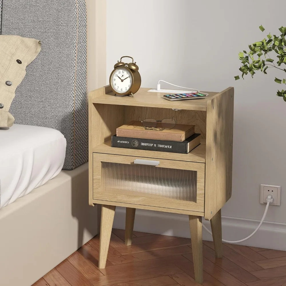 Nightstand with Charging Station, Bedside Tables with Glass Decorative Door, Natural End Table, Side Table with 2 Tiers Storage