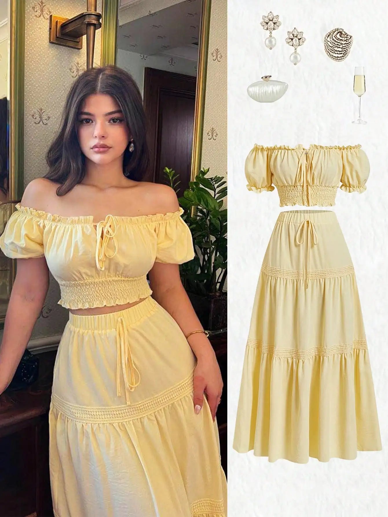 Yellow Off-Shoulder Puff Sleeve Crop Top & Tiered Skirt Set