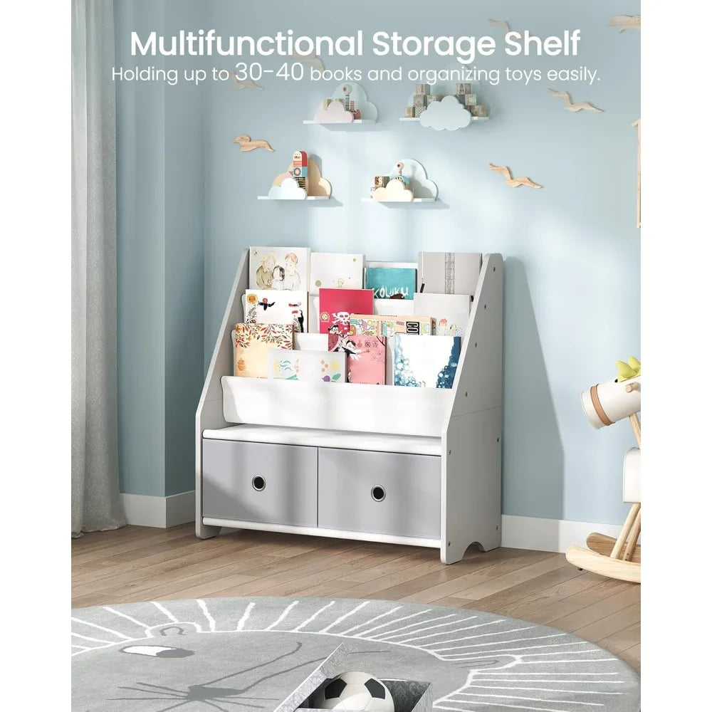 Bookshelf and Toy Storage, 4 Tier Large Capacity Book Rack, Sling Bookcase, for Room, Nursery, Playroom, White and Gray MCW06WT