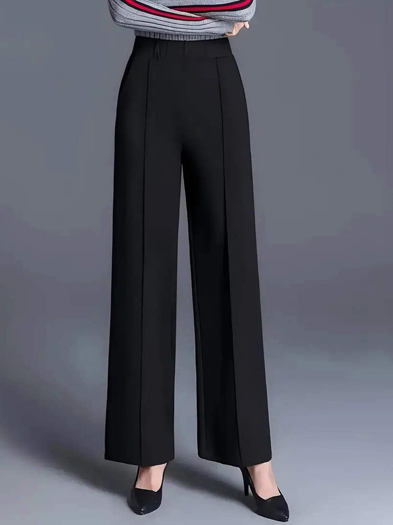 Women s High Waist Straight Leg Pants with Pockets for Business Casual Office Wear - Elastic Waist Dress Trousers