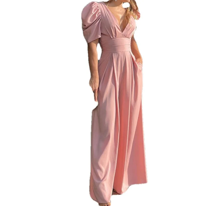2025 Spring Summer Women's Temperament Personality Fashion Commuter Bubble Sleeve Wide Leg Pants Short Sleeve V-neck Jumpsuit