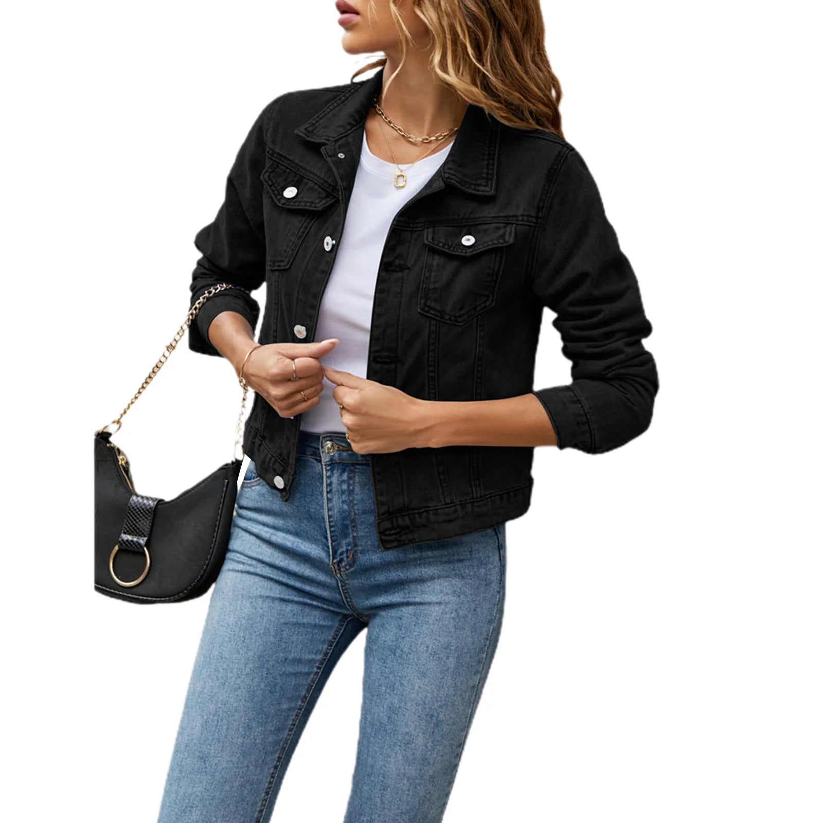 Women’s Casual Denim Jacket – Slim Fit Long Sleeve Jean Jacket with Hood & Chest Pockets, Button Down Fall Winter Coat