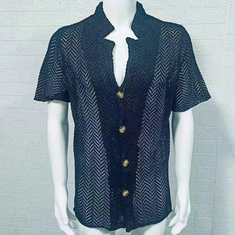 Summer Hollow Knitted Sweater Men's Solid Color Slim-fitting Lapel Short-sleeved Knitted Top Fashion Men's Clothing