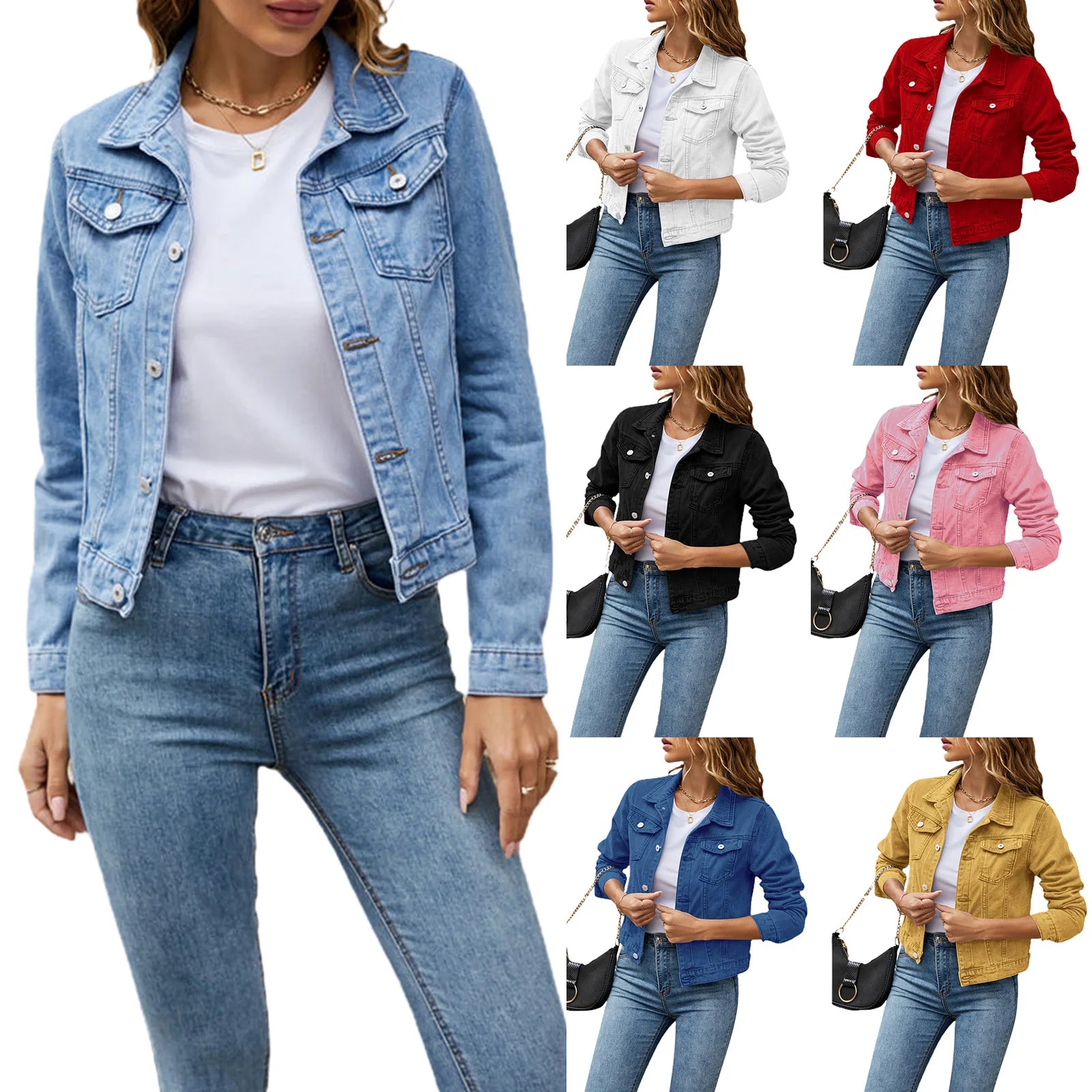 Women’s Casual Denim Jacket – Slim Fit Long Sleeve Jean Jacket with Hood & Chest Pockets, Button Down Fall Winter Coat