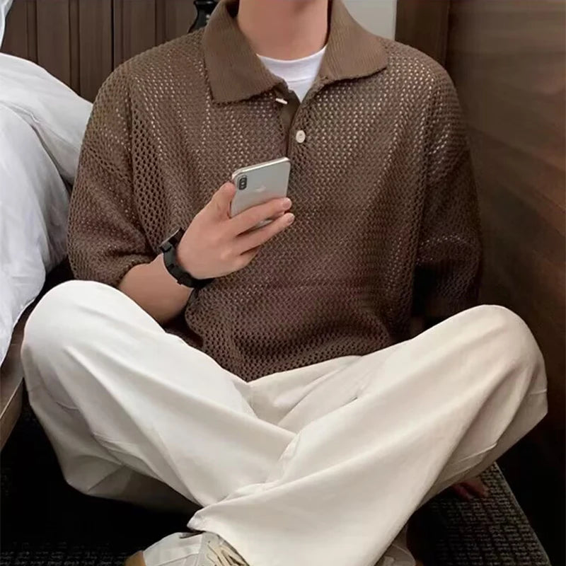 New Fashion Hollow Out Knit Polo Shirts Men Stylish Solid Color Short Sleeve Polo Neck Tops Mens Summer Casual Knitting Pullover