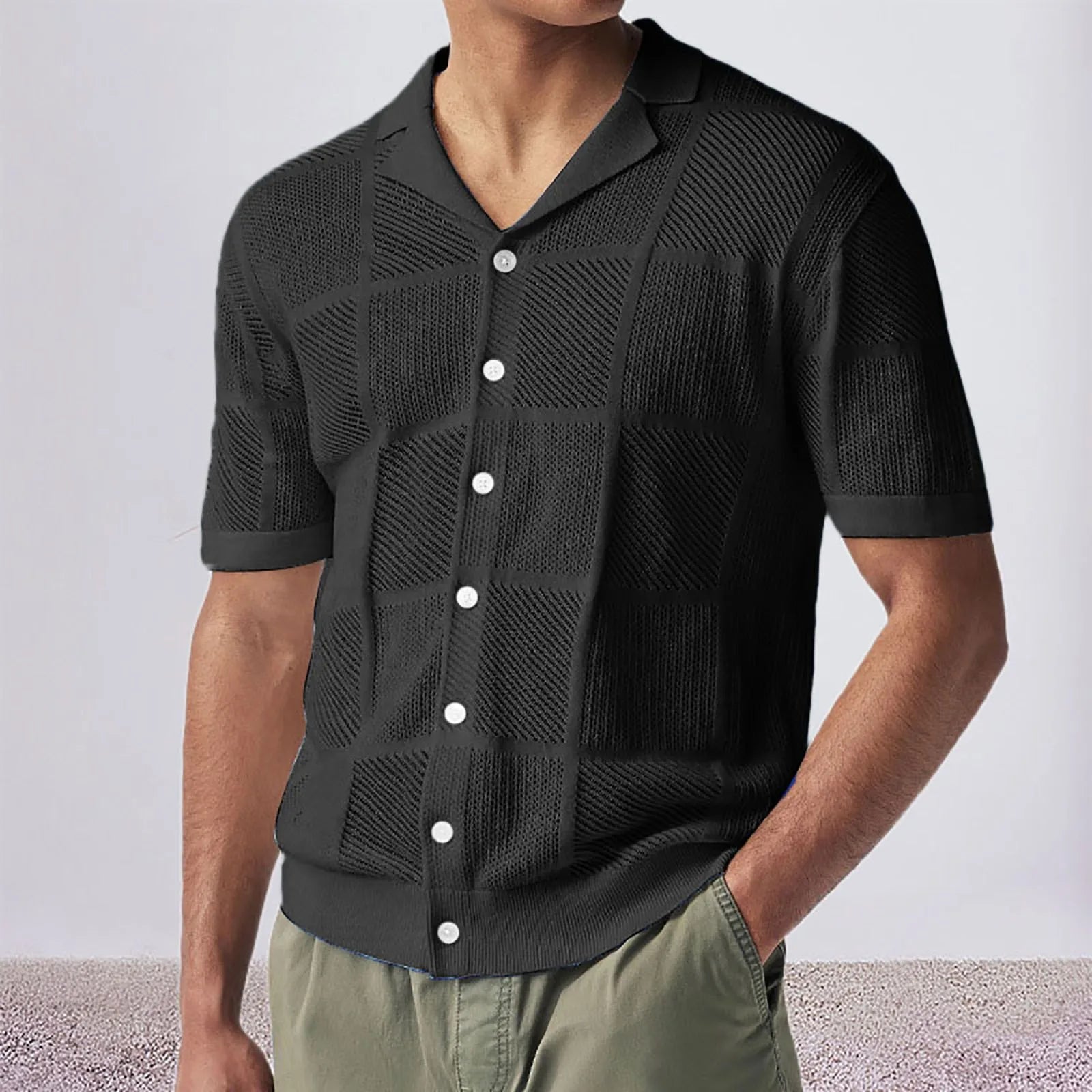 Summer Men'S Knit Cardigan Shirt Absorbent Breathable Thin Hollow Short Sleeved Button Shirt New Clothing Summer Streetwear