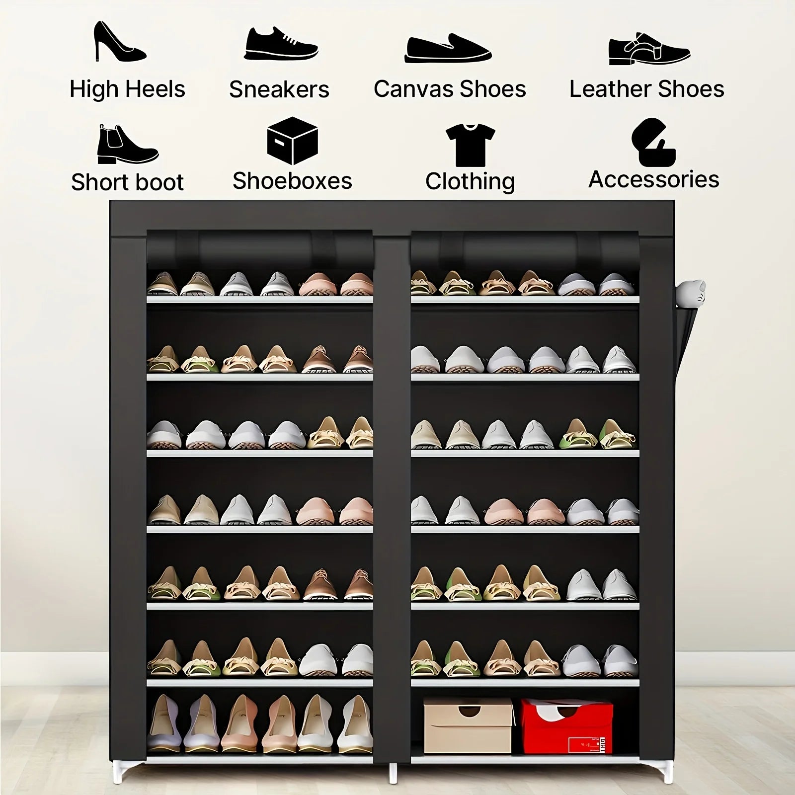 6-layer double row shoe rack with dust cover, easy to assemble and store shoes, black plastic design, 12 grid storage rack