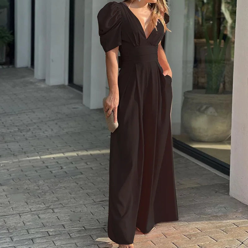 2025 Spring Summer Women's Temperament Personality Fashion Commuter Bubble Sleeve Wide Leg Pants Short Sleeve V-neck Jumpsuit