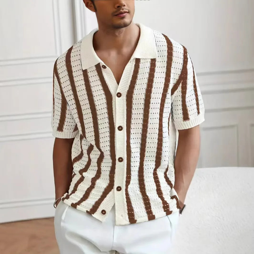 Summer New Men Knitted Shirt Lapel Casual Tees Shirts Business Social Striped Hollow Out Knit Cardigan Men Clothing Steetwear