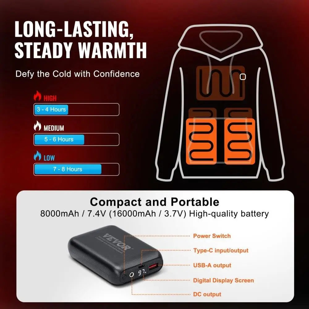 Heated Hoodie Sweatshirt Unisex Battery Powered for men & Women XL Size Black