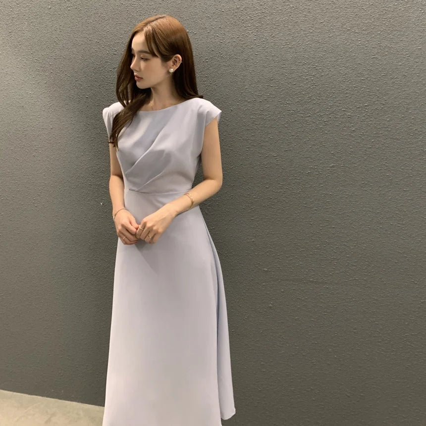 Ele Chic Summer round Ne Pleated Waist Cinching A-Line Svel Vest Dr Long Dr Commute Sle Regular Fit Mediu...