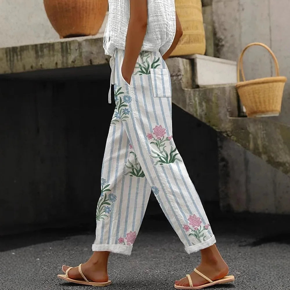 2025 New Women's Trousers Vertical Striped Drawstring Elastic Waist Pocket Fashion Street Versatile Casual Pants