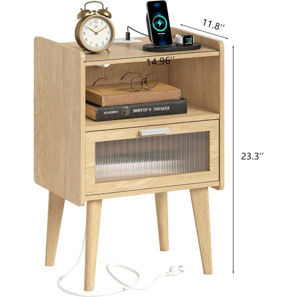 Nightstand with Charging Station, Bedside Tables with Glass Decorative Door, Natural End Table, Side Table with 2 Tiers Storage