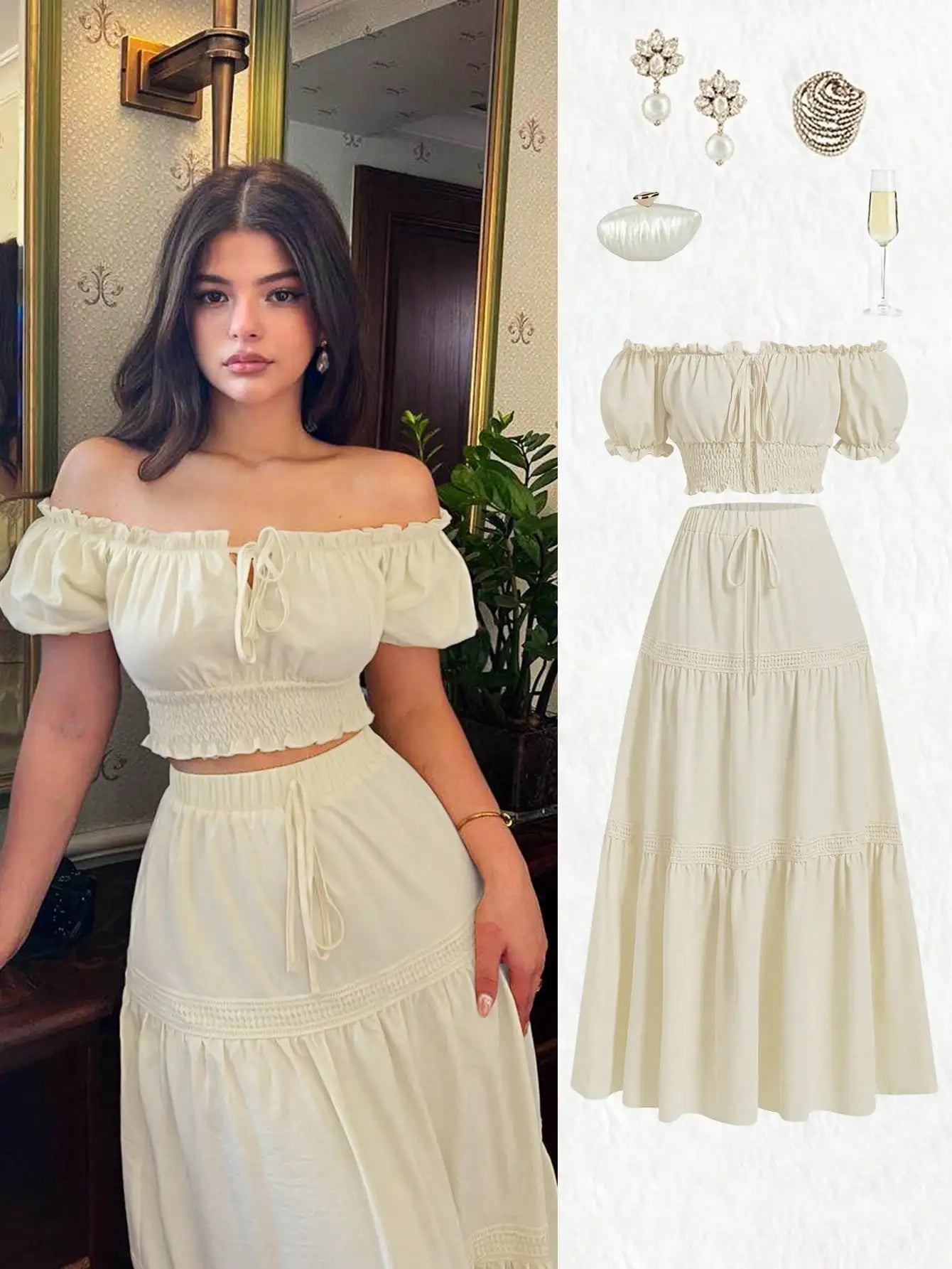 Yellow Off-Shoulder Puff Sleeve Crop Top & Tiered Skirt Set