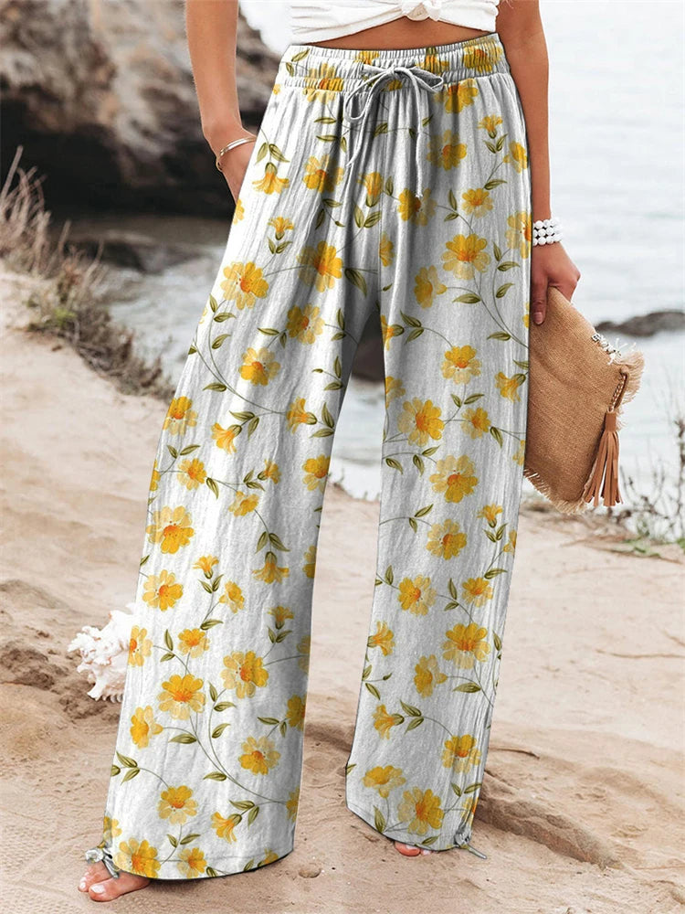 Outdoor Beach Resort Style Collection Women's Floral Print Wide-Leg Pants Relaxed Drawstring Design Casual Comfort Trousers