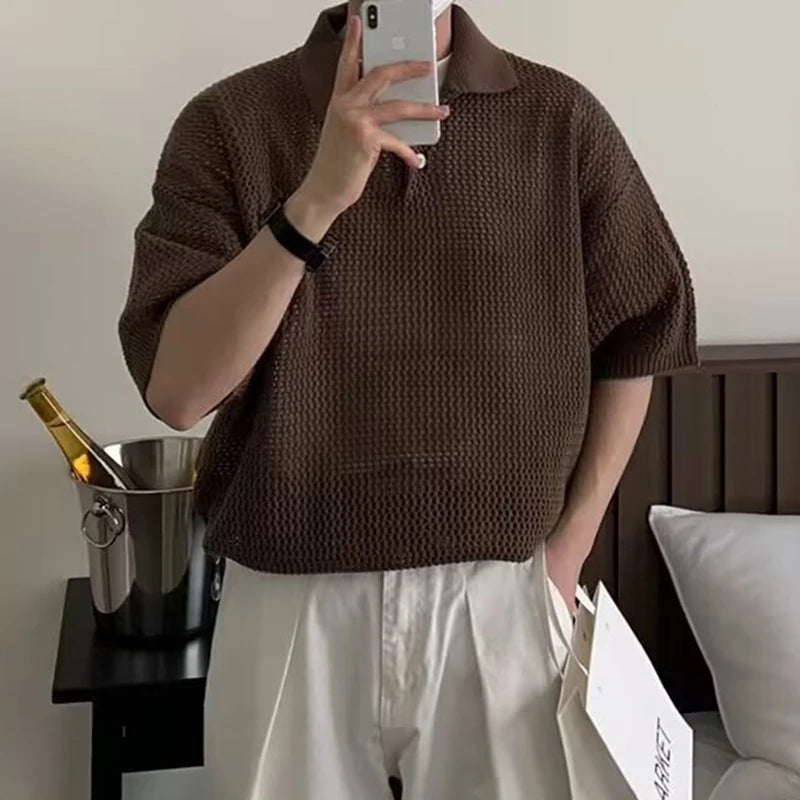 New Fashion Hollow Out Knit Polo Shirts Men Stylish Solid Color Short Sleeve Polo Neck Tops Mens Summer Casual Knitting Pullover