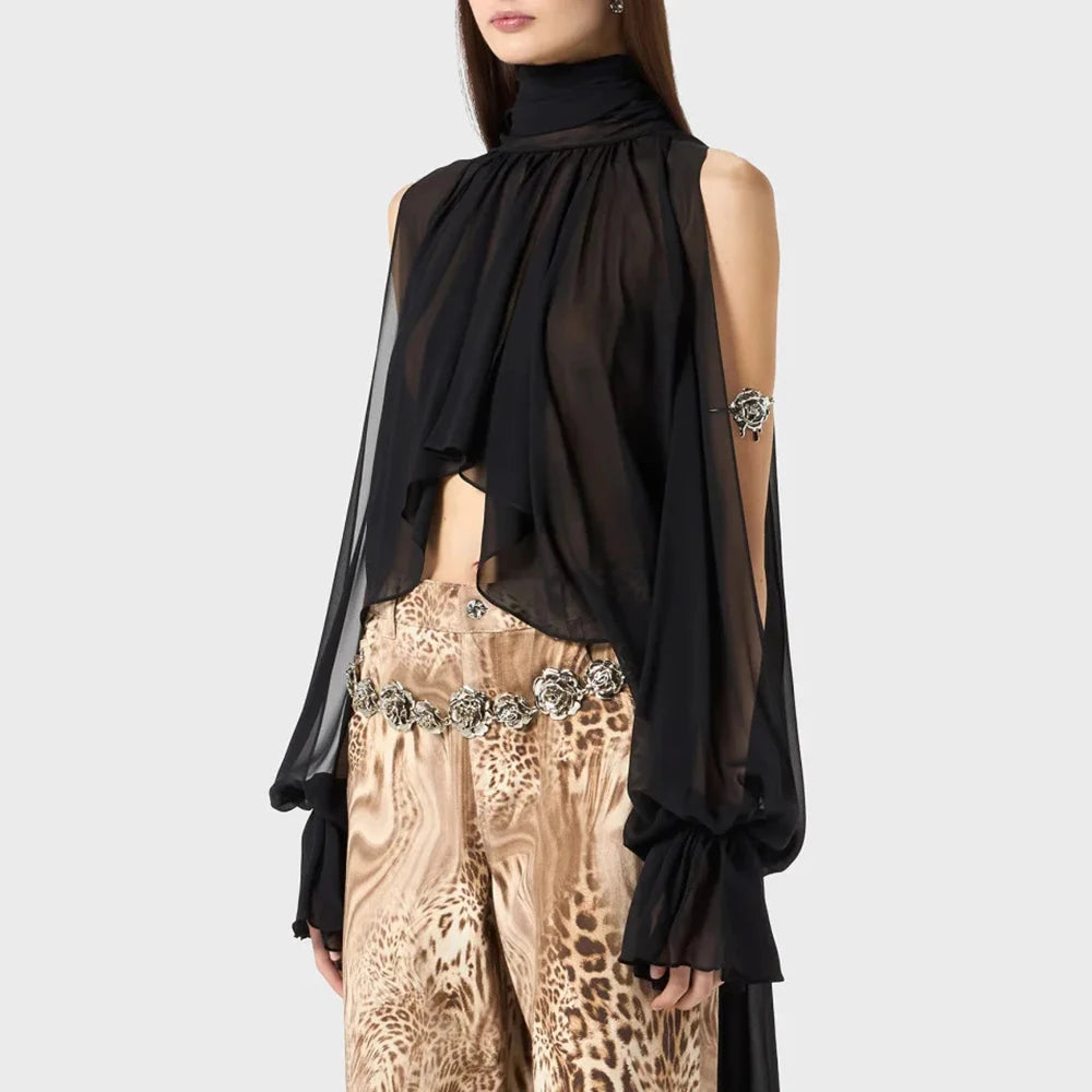 Solid Irregular Shirts For Women High Neck Drop Sleeves Spliced Flods Temperament Shirt Female Fashion Clothing New