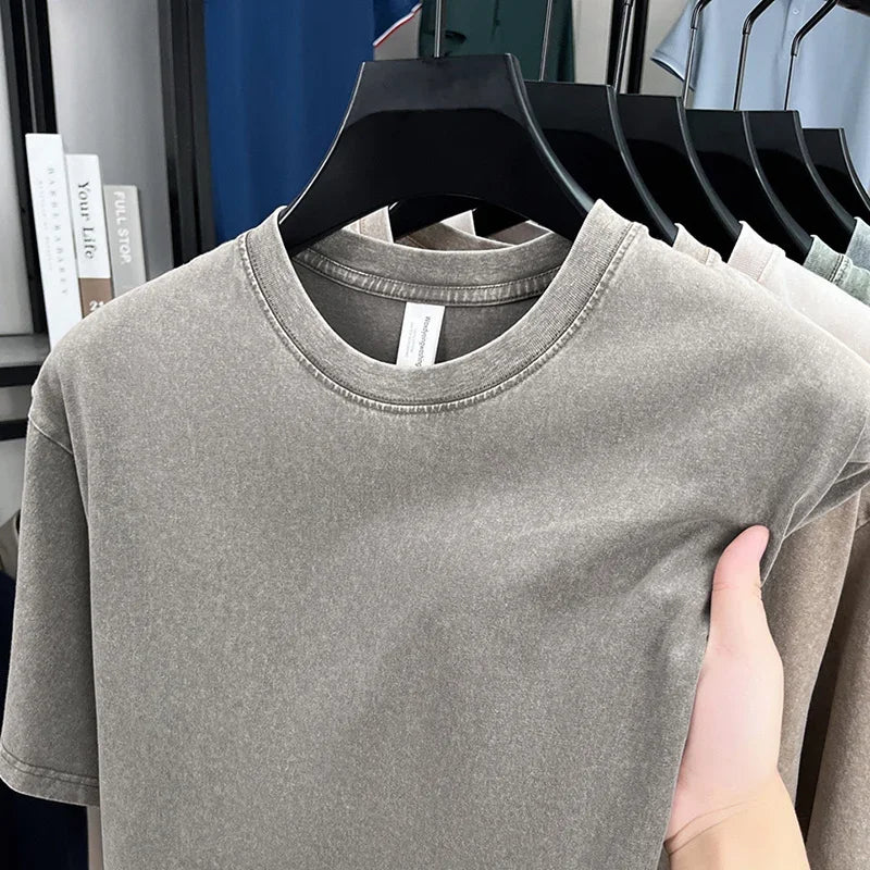 American Style Retro Heavyweight Short Sleeve T-Shirt – Oversized Washed Solid Color Summer Streetwear for Men & Women