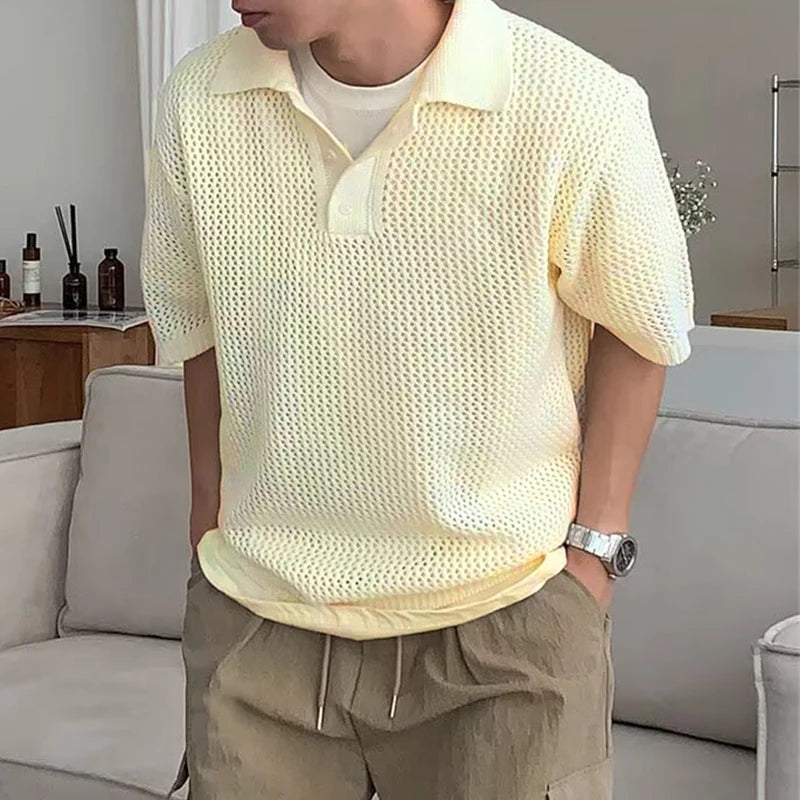 New Fashion Hollow Out Knit Polo Shirts Men Stylish Solid Color Short Sleeve Polo Neck Tops Mens Summer Casual Knitting Pullover