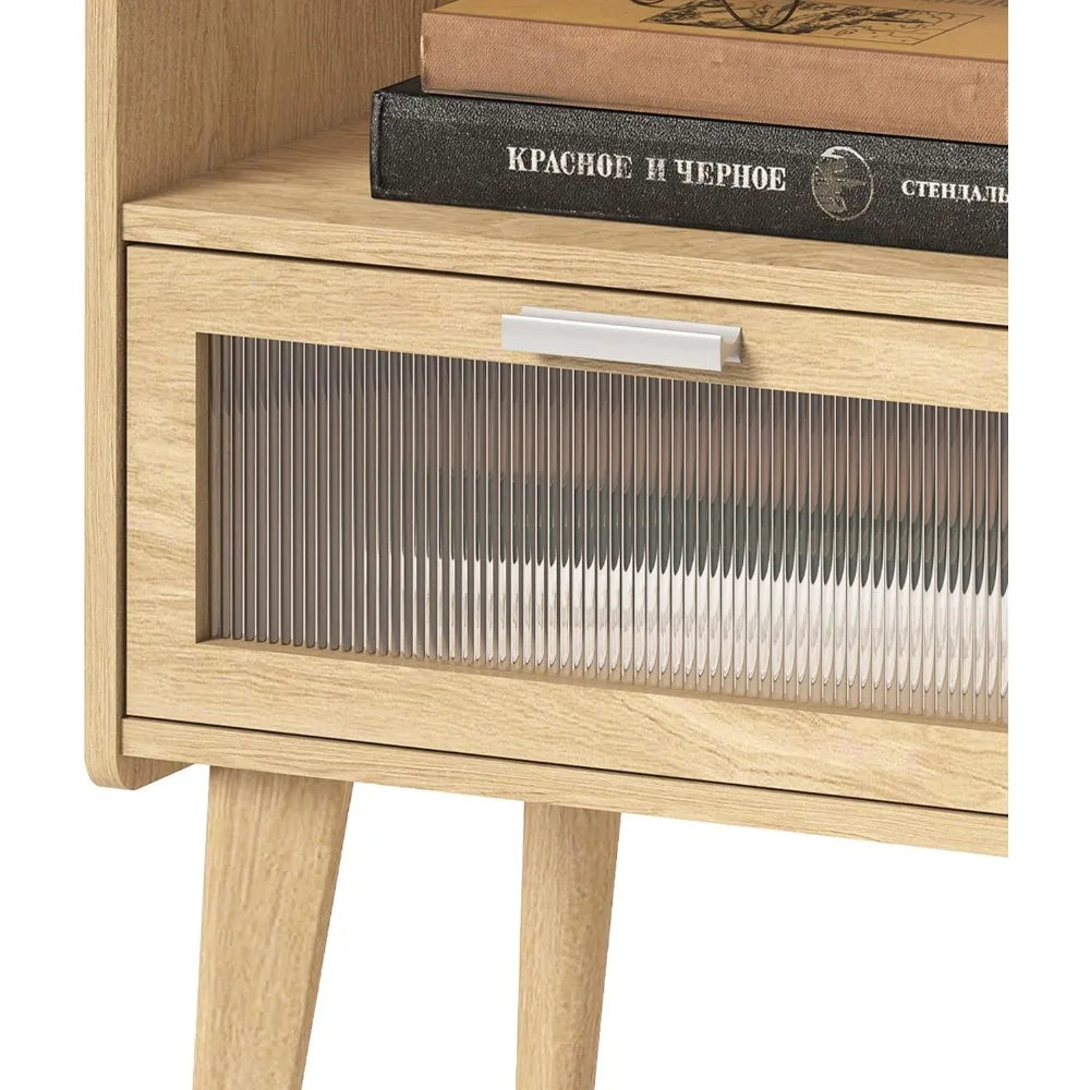 Nightstand with Charging Station, Bedside Tables with Glass Decorative Door, Natural End Table, Side Table with 2 Tiers Storage