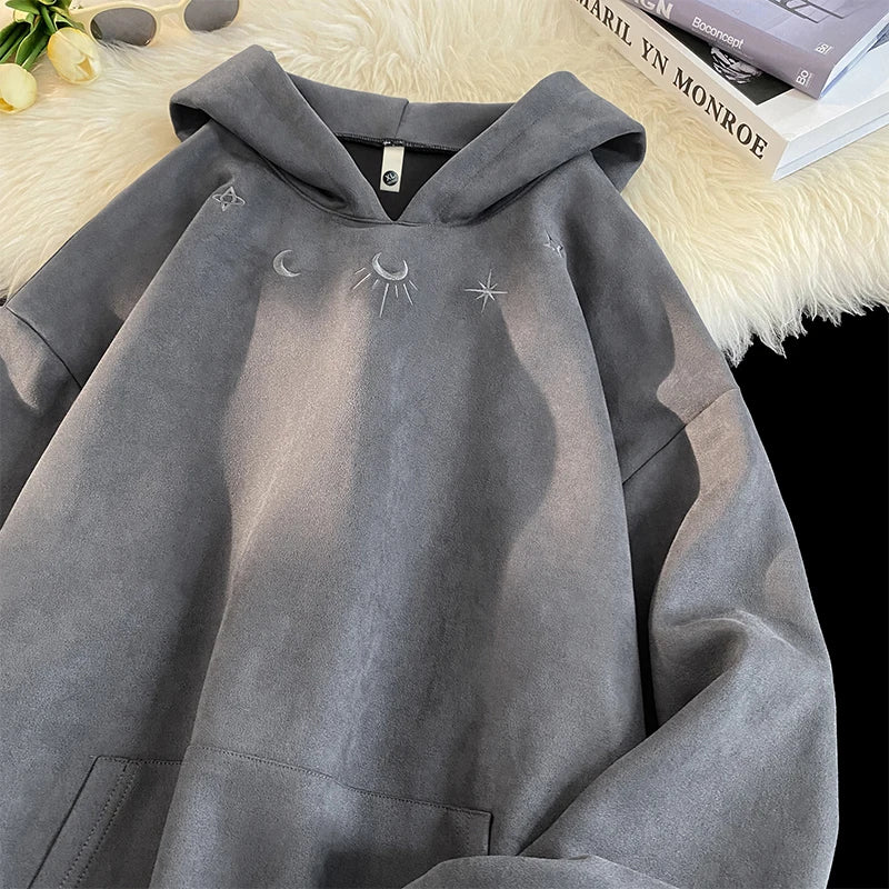 Suede Sweatshirt Men Retro Street Loose Hoodie Embroidery Pattern Gothic Style Hooded Sweatshirt Autumn Male Sweatshirts