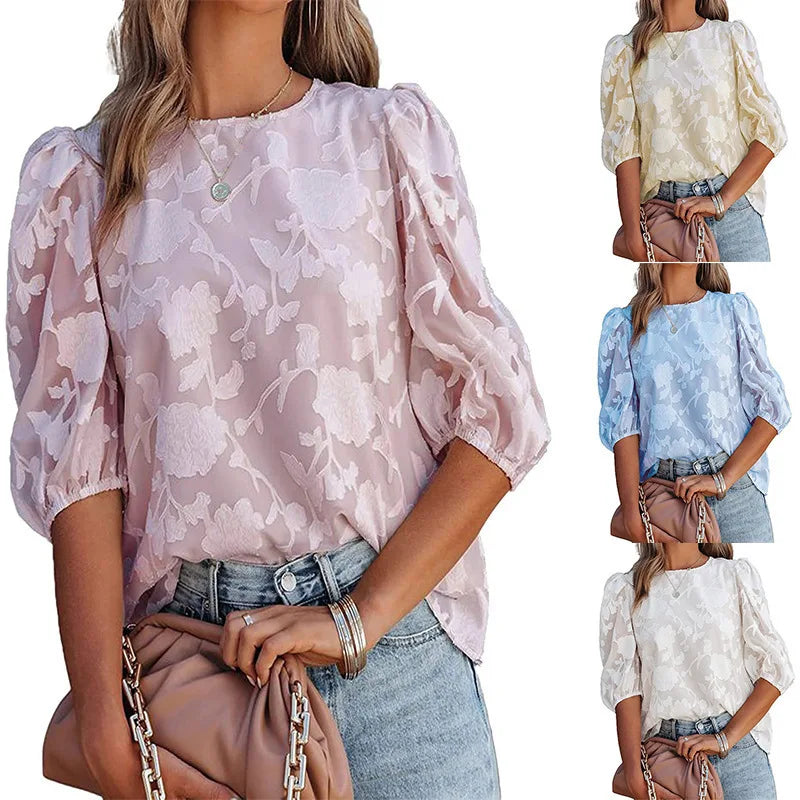 Women’s Puff Sleeve Chiffon Blouse – Floral Lace Trim Loose Fit Elegant Top, Boho Chic Spring Summer Tunic Shirt