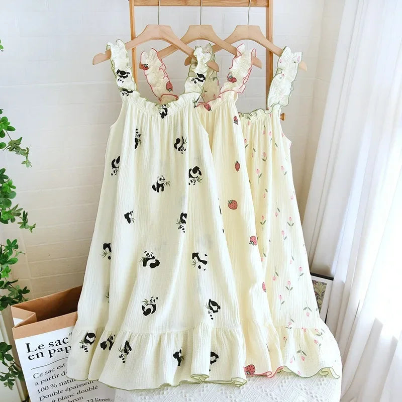 Women’s Cotton Floral Pajama Nightdress – Sleeveless Spaghetti Strap Loose Summer Sleepwear, Soft Breathable Nightgown for Ladies