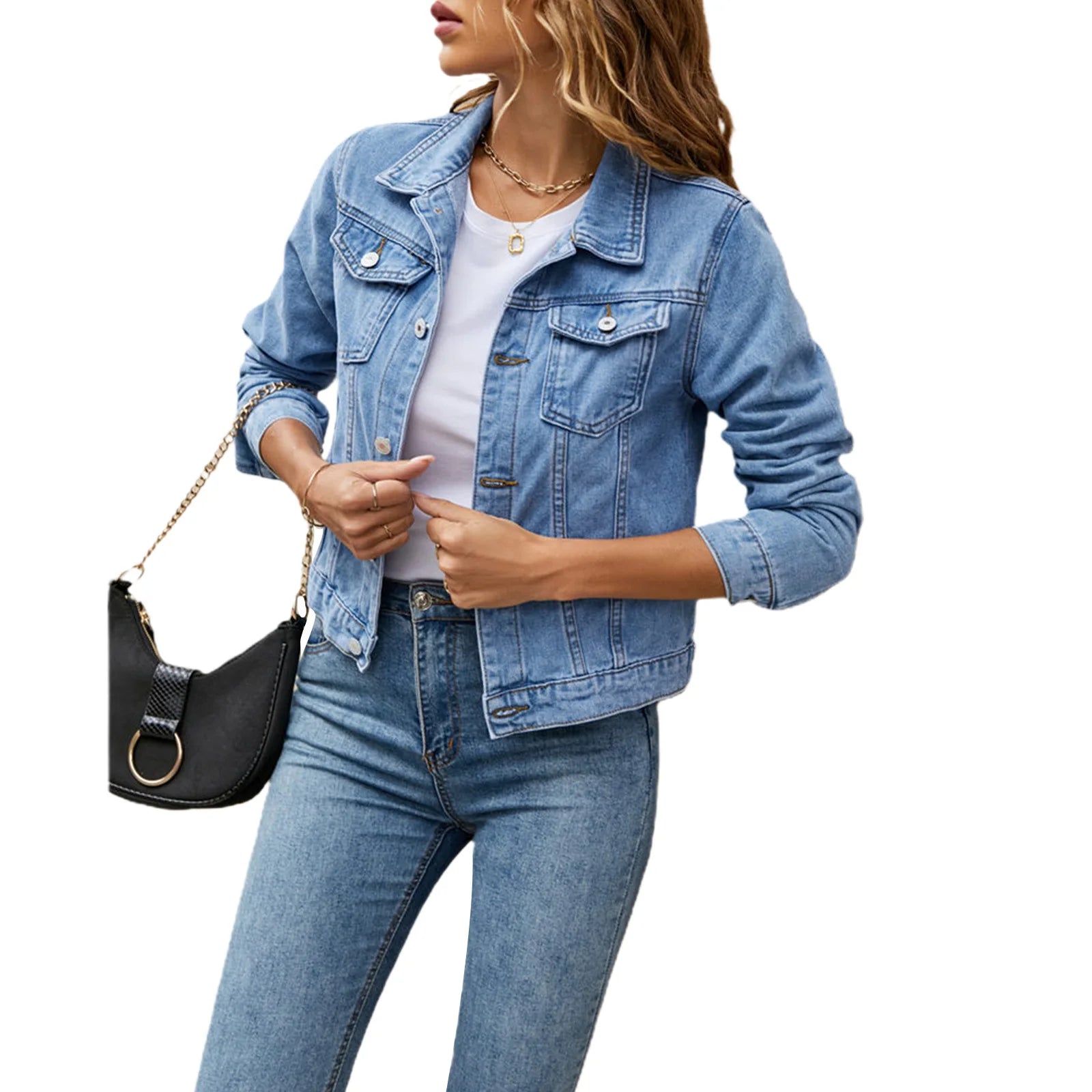 Women’s Casual Denim Jacket – Slim Fit Long Sleeve Jean Jacket with Hood & Chest Pockets, Button Down Fall Winter Coat