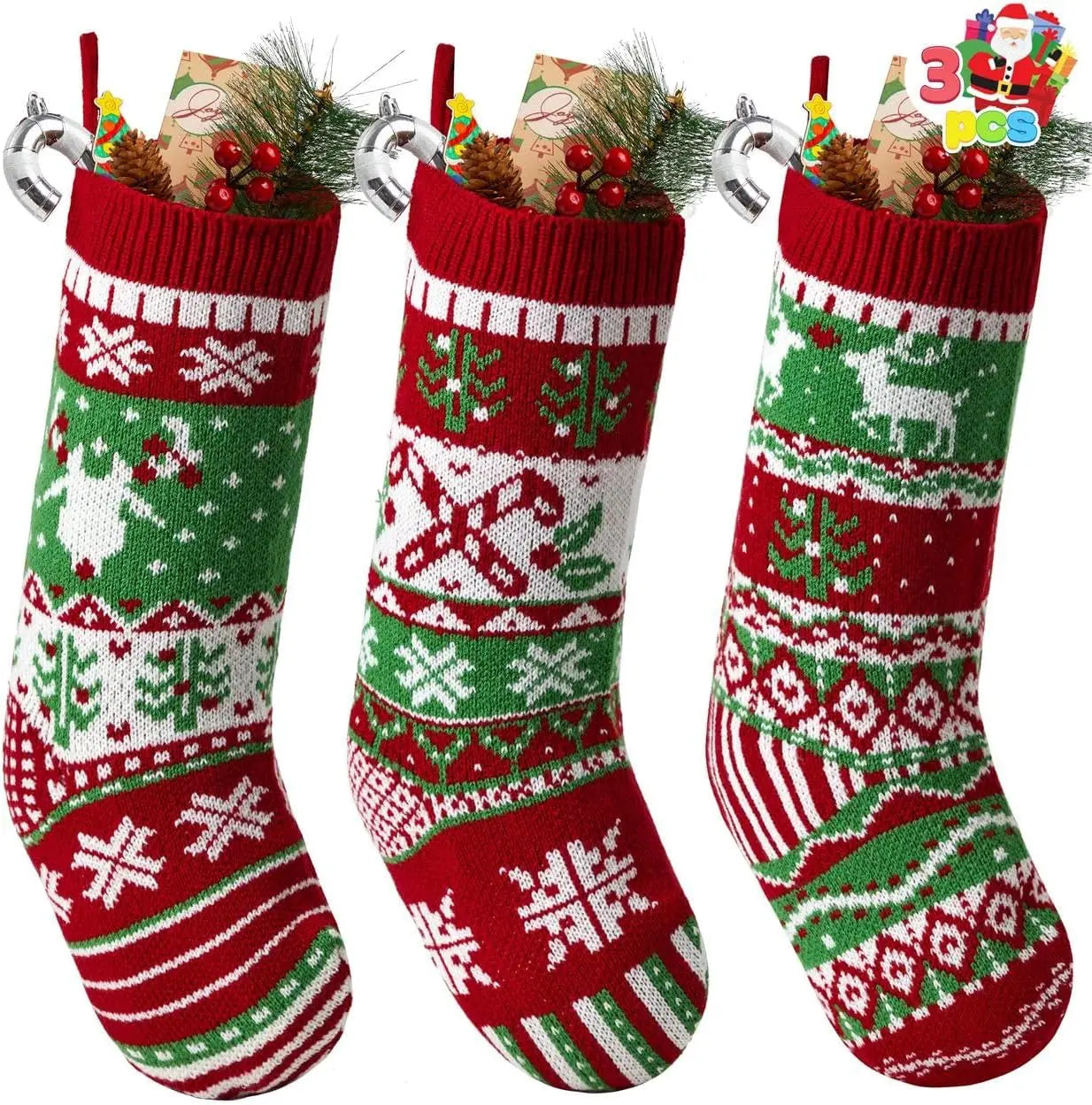 JOYFY 3 Pack 18” Christmas Stockings Large Size Rustic Cable Knit Xmas Stocking in Red & Green for Family Holiday Decorations