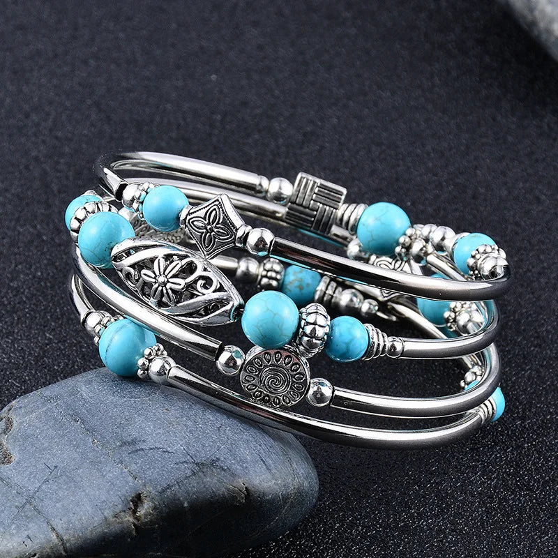 Vintage Turquoise Wrap Bracelet Set - Genuine Stone Unisex Jewelry