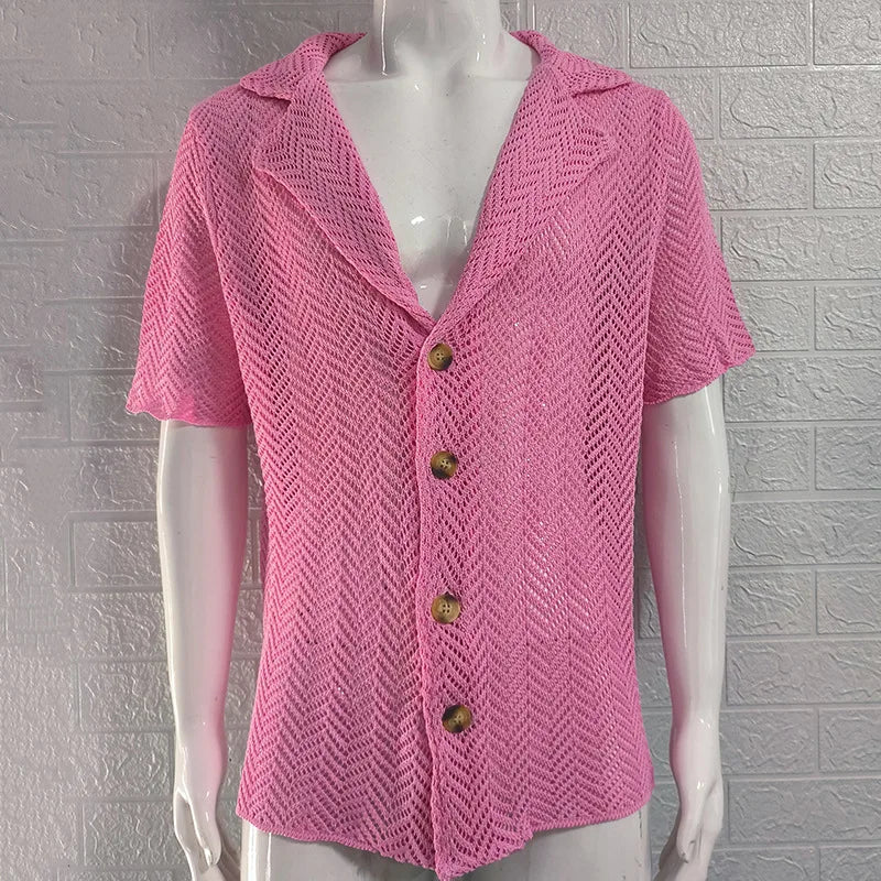 Summer Hollow Knitted Sweater Men's Solid Color Slim-fitting Lapel Short-sleeved Knitted Top Fashion Men's Clothing