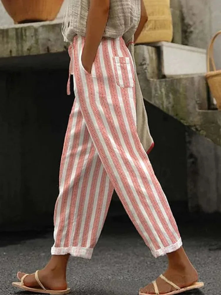 2025 New Women's Trousers Vertical Striped Drawstring Elastic Waist Pocket Fashion Street Versatile Casual Pants
