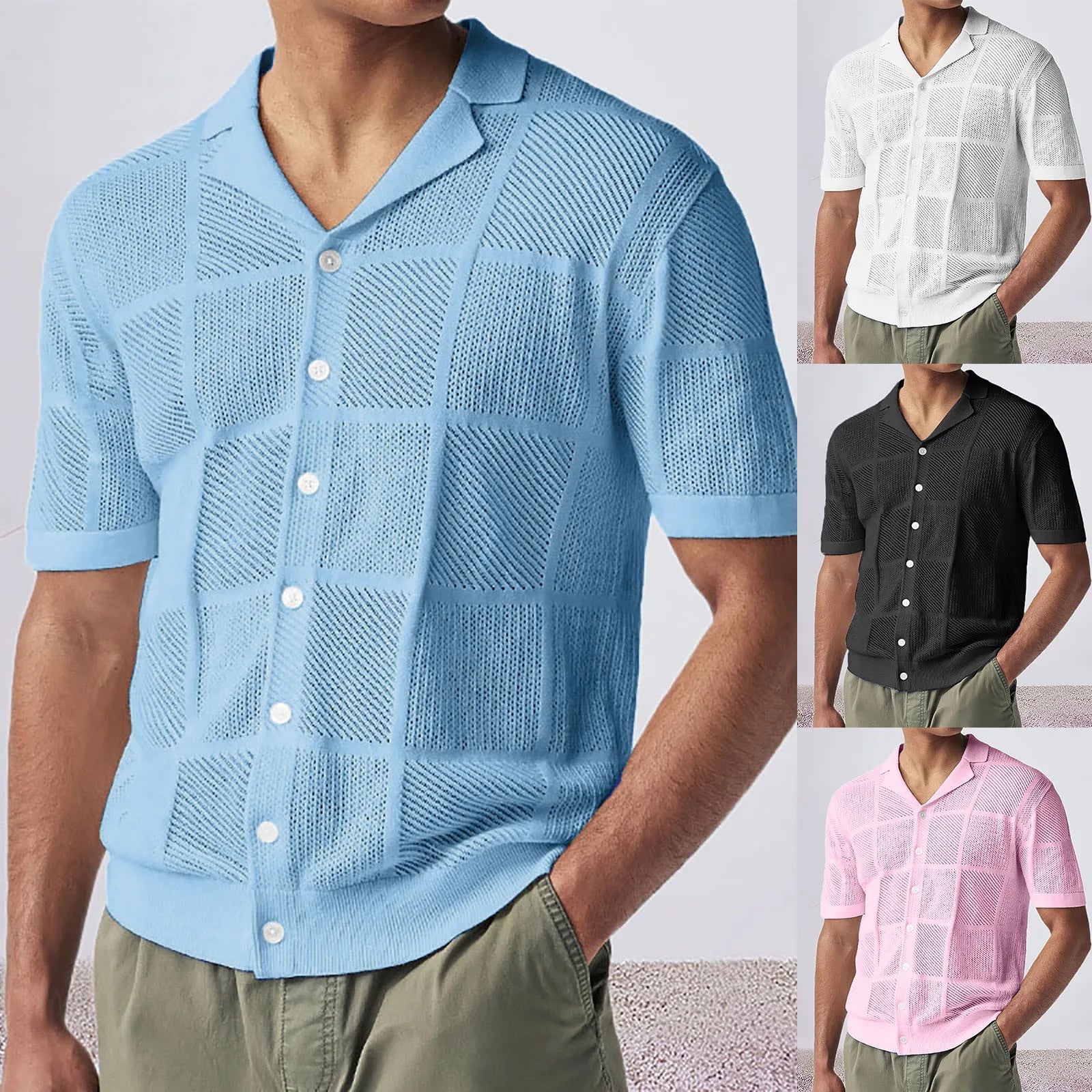 Summer Men'S Knit Cardigan Shirt Absorbent Breathable Thin Hollow Short Sleeved Button Shirt New Clothing Summer Streetwear