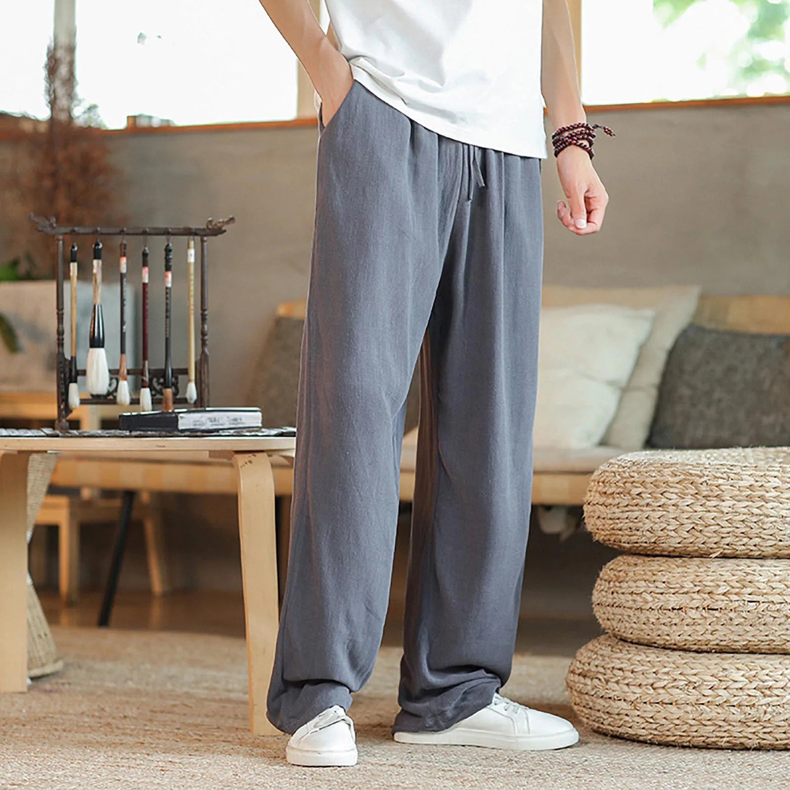 Summer Spring Cotton Linen Men Pants Japan Style Large Size Wide Leg Pants Oversized Loose Casual Trousers Black Male Pants