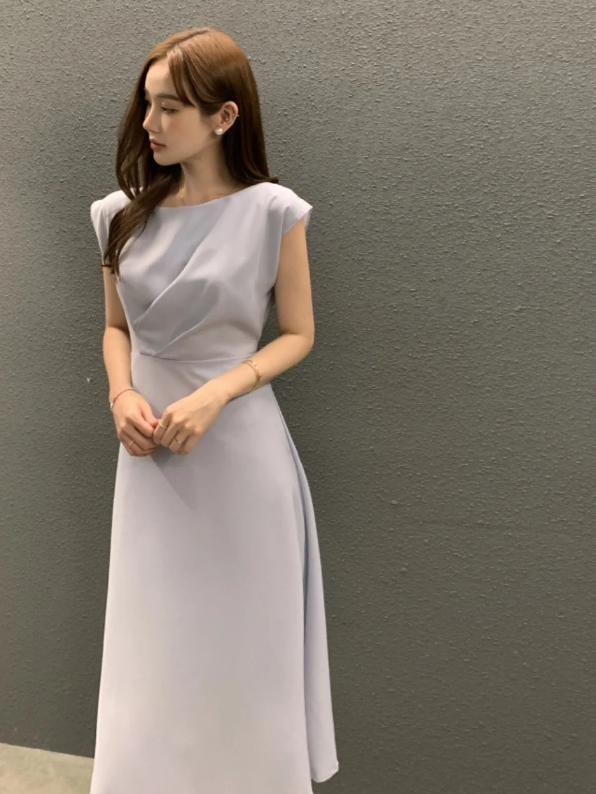 Ele Chic Summer round Ne Pleated Waist Cinching A-Line Svel Vest Dr Long Dr Commute Sle Regular Fit Mediu...