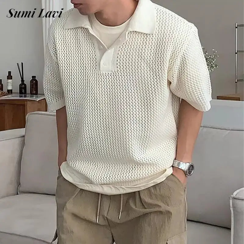 New Fashion Hollow Out Knit Polo Shirts Men Stylish Solid Color Short Sleeve Polo Neck Tops Mens Summer Casual Knitting Pullover