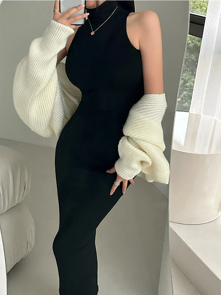 Red Sexy Turtleneck Bodycon Midi Dress – Women’s Elegant Hip Wrap Party Dress, Sleeveless Y2K Evening Outfit
