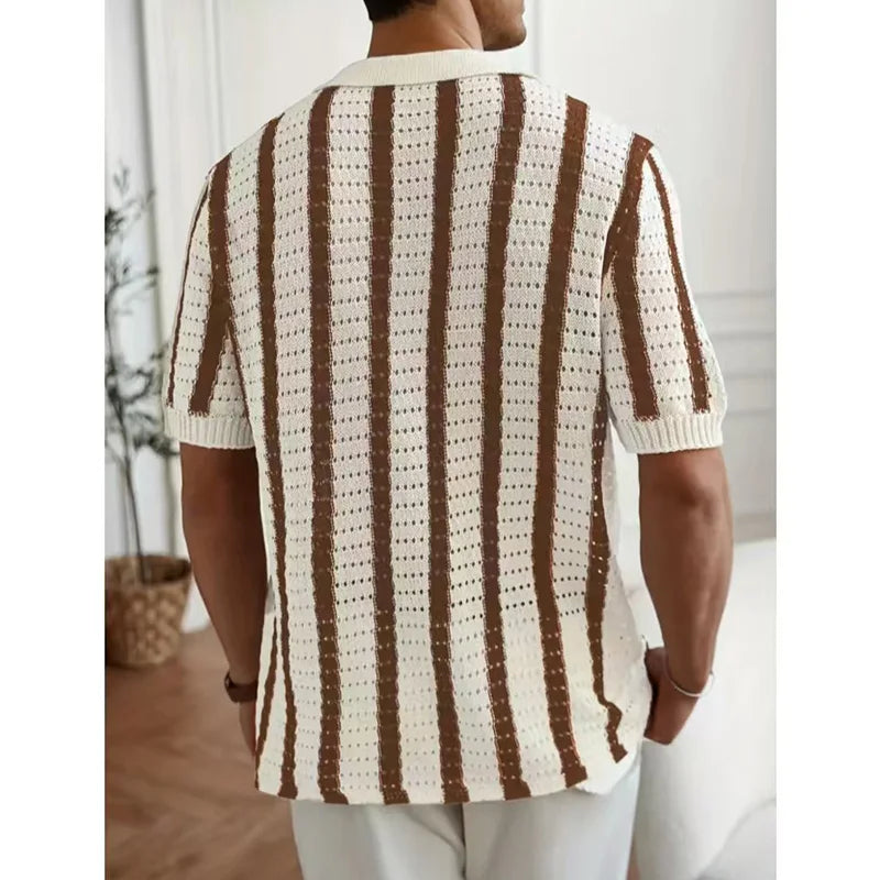 Summer New Men Knitted Shirt Lapel Casual Tees Shirts Business Social Striped Hollow Out Knit Cardigan Men Clothing Steetwear