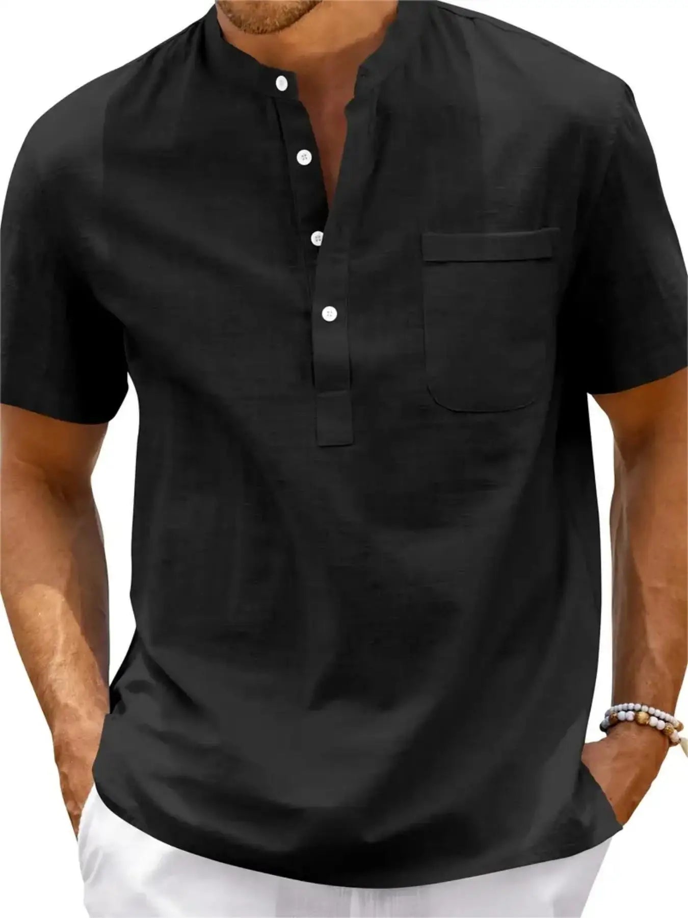 Men's Plus Size Cotton Linen Shirt with Pocket Casual Polo Shirt  Short Sleeve Shirts  Summer Lightweight Beach Tops