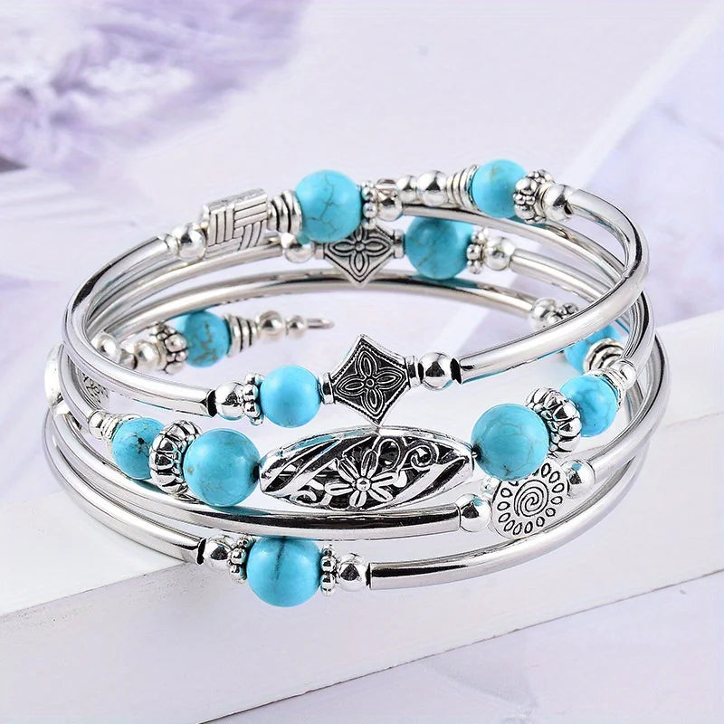 Vintage Turquoise Wrap Bracelet Set - Genuine Stone Unisex Jewelry