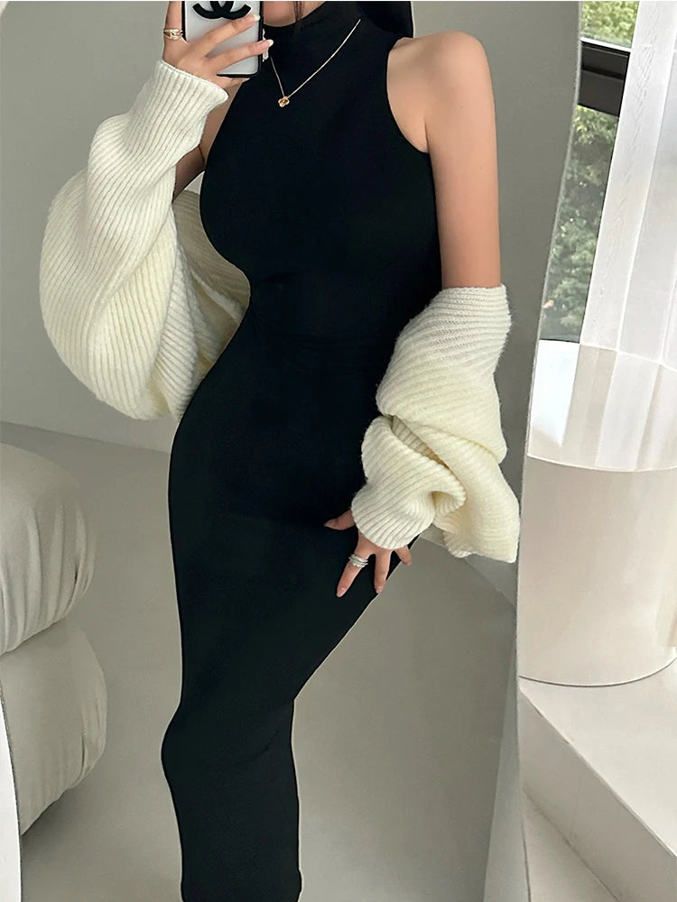 Red Sexy Turtleneck Bodycon Midi Dress – Women’s Elegant Hip Wrap Party Dress, Sleeveless Y2K Evening Outfit