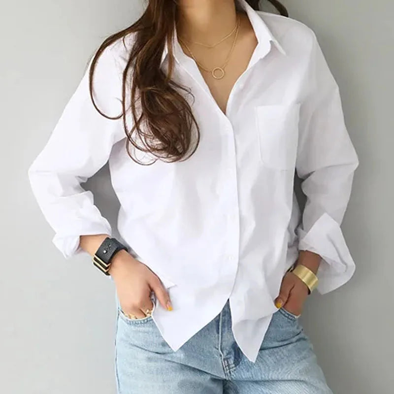 OL Style Tops Fashionable Commuting Style Long Sleeved Lapel White Shirt Elegant Office Lady Cotton Blouse Camisa Feminina 3496