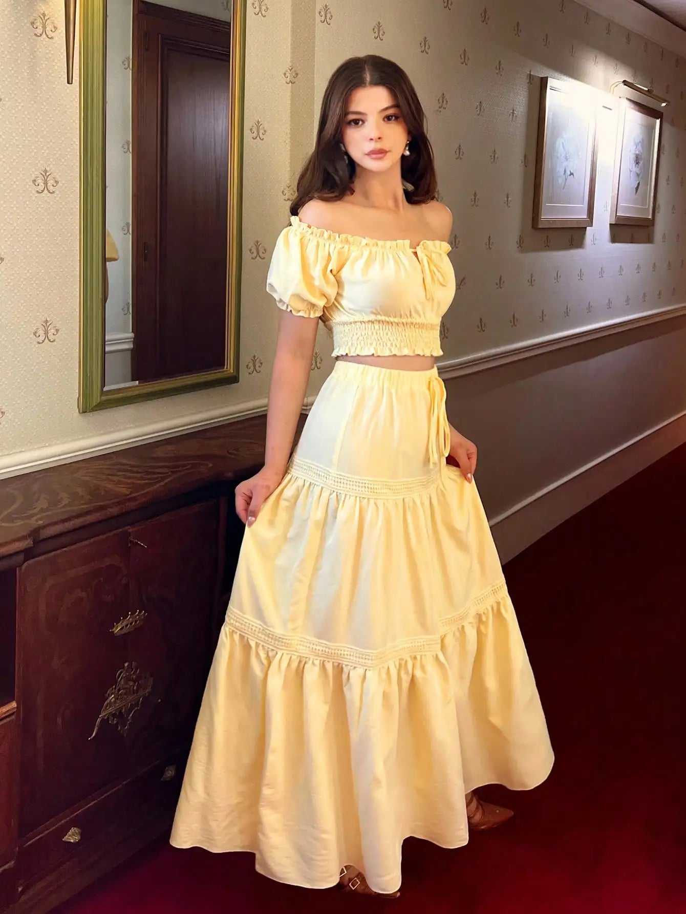 Yellow Off-Shoulder Puff Sleeve Crop Top & Tiered Skirt Set