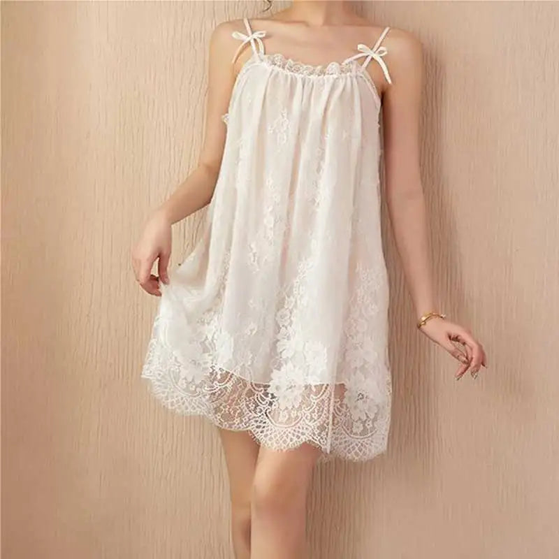 Women’s Summer Lace Nightdress – Sexy Slip Dress with Bow Lace Straps, Soft Sleeveless Lingerie Sleepwear