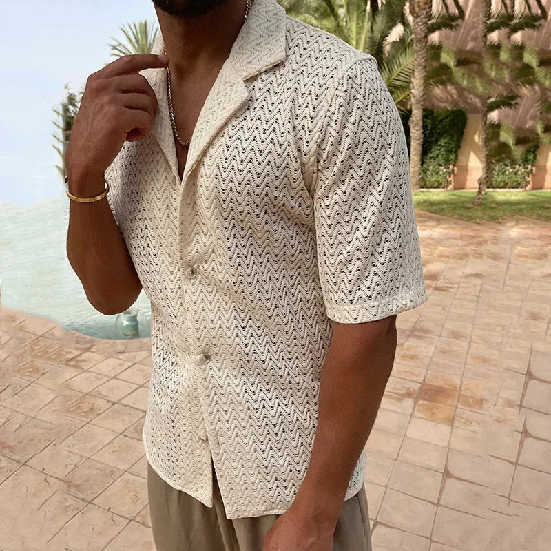 Summer Hollow Knitted Sweater Men's Solid Color Slim-fitting Lapel Short-sleeved Knitted Top Fashion Men's Clothing