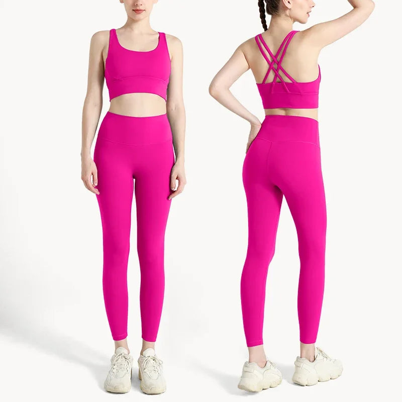 Summer Women’s 2 Piece Yoga Set – Cross Back Sports Bra & High Waist Leggings, Breathable Nylon Gym Workout Outfit