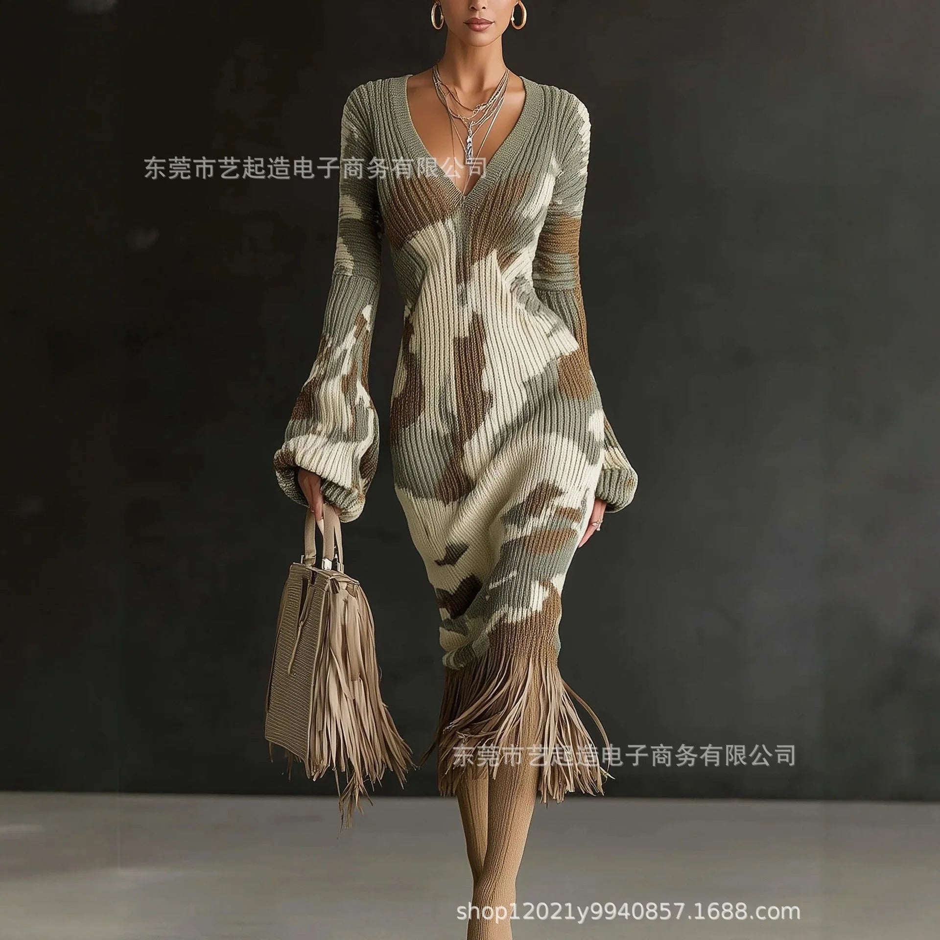 2026 New Fashion Printed Knitted Slim Fit Hip Dress Women Spring Sexy Elegant Retro Tassel V-Neck Long Sleeve Dresses For Women