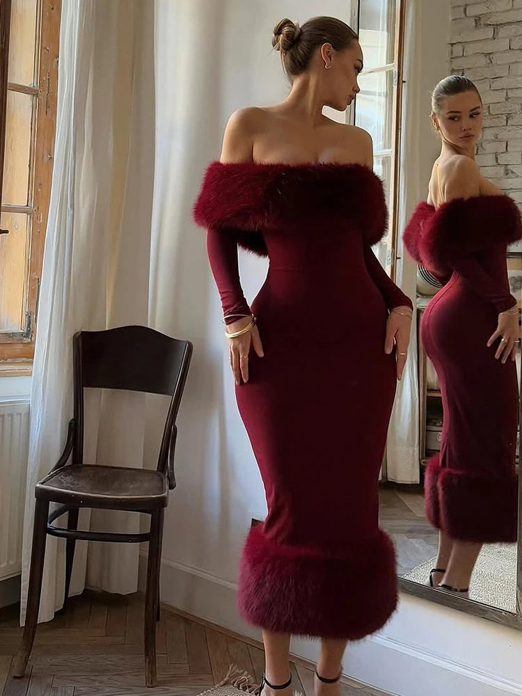 Strapless Faux Fur Patchwork Dress Women Sexy Off-shoulder Full Sleeve Cinched-waist Bodycon Dresses Lady Party Evening Gown